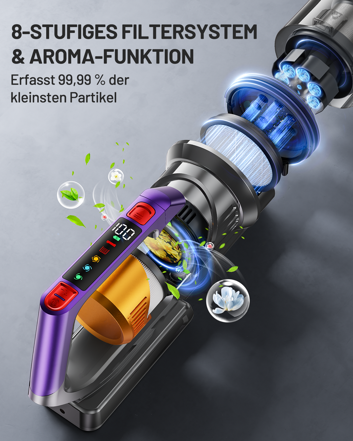 Kissof Battery Vacuum Cleaner, 50000Pa/550W/60 Mins Cordless Vacuum Cleaner with Self-Standing Function, Anti-Tangle Floor Brush, Fragrance Card, Highly Efficient Hypa Filter System for Hard Floors, [Energy Class A+++]